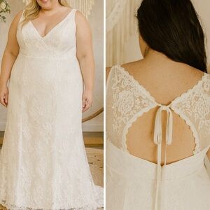 Galina Sleeveless V-Neck Floral Lace Maxi Wedding Gown in Ivory